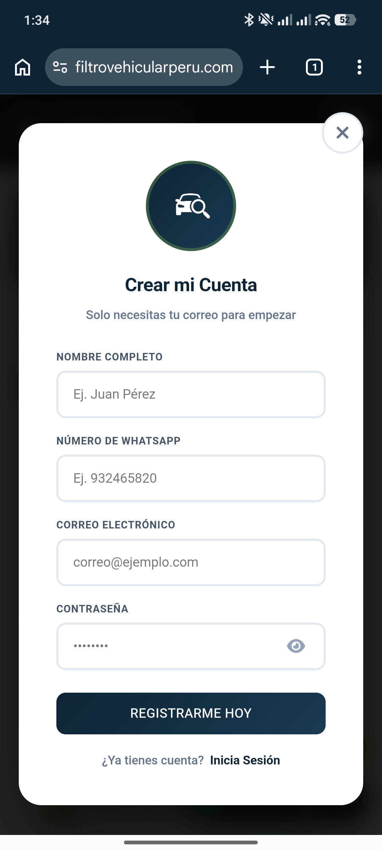 Pantalla de registro